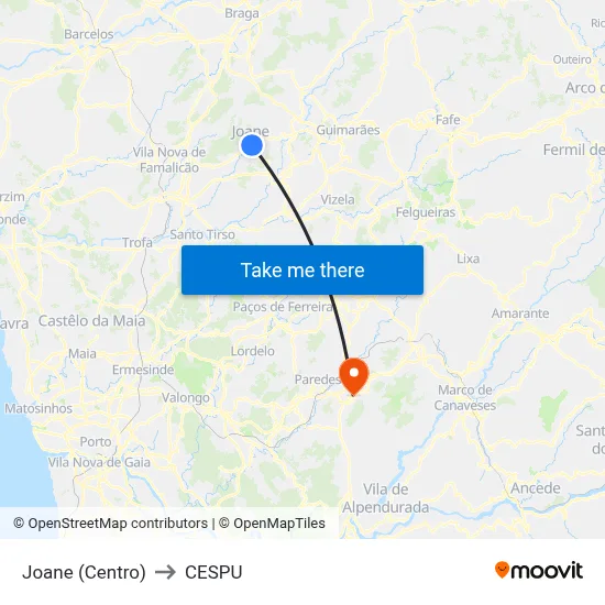 Joane (Centro) to CESPU map