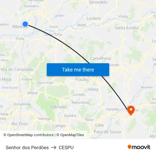 Senhor dos Perdões to CESPU map