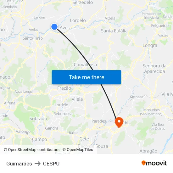 Guimarães to CESPU map