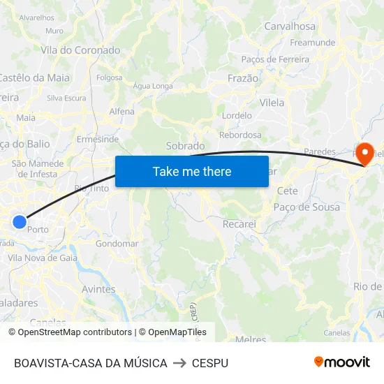BOAVISTA-CASA DA MÚSICA to CESPU map