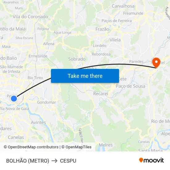 BOLHÃO (METRO) to CESPU map