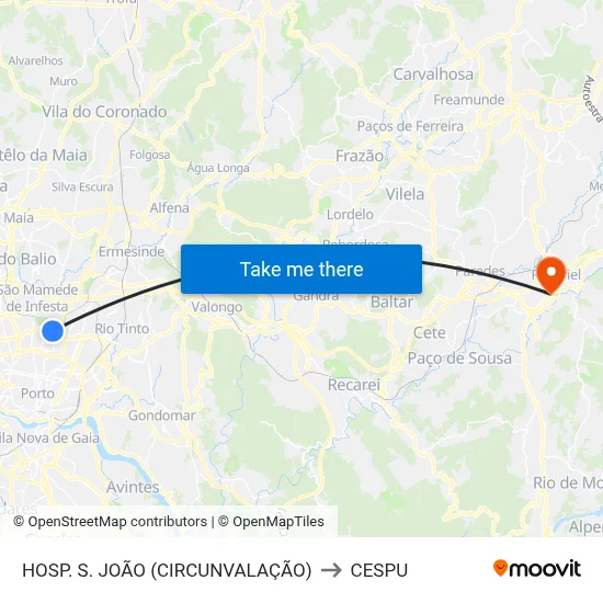 HOSP. S. JOÃO (CIRCUNVALAÇÃO) to CESPU map