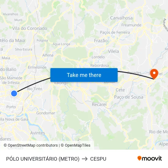 PÓLO UNIVERSITÁRIO (METRO) to CESPU map