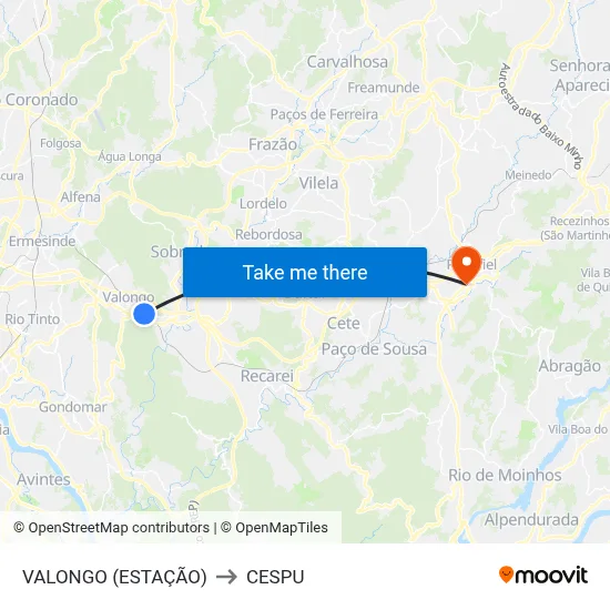 VALONGO (ESTAÇÃO) to CESPU map