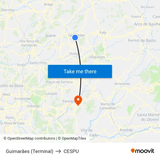 Guimarães (Terminal) to CESPU map