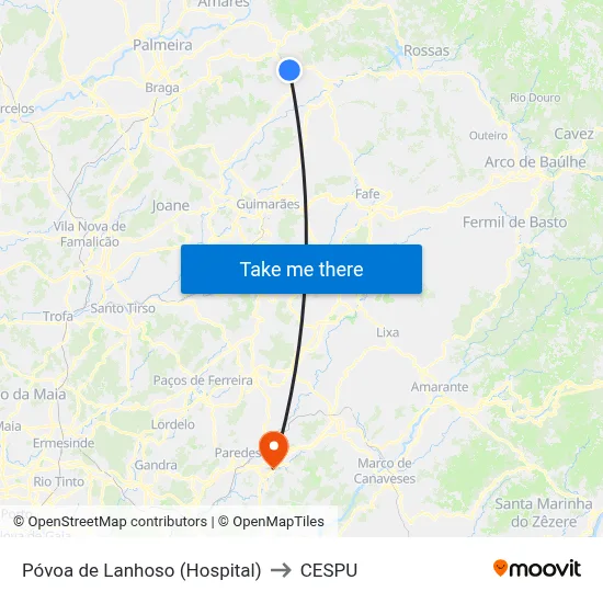 Póvoa de Lanhoso (Hospital) to CESPU map
