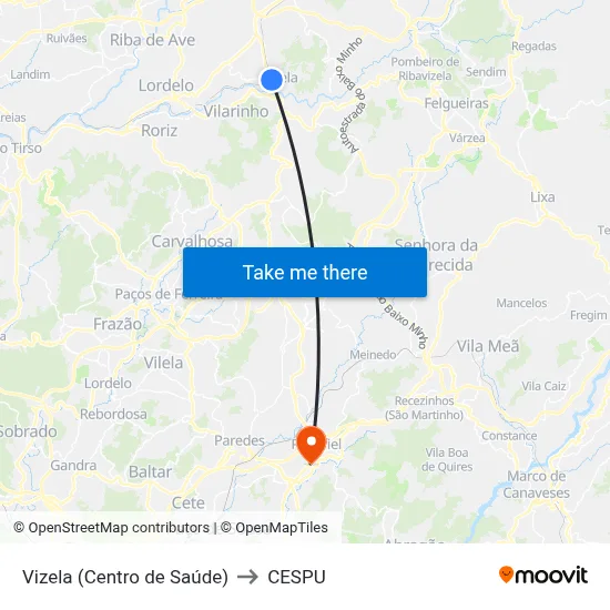 Vizela (Centro de Saúde) to CESPU map