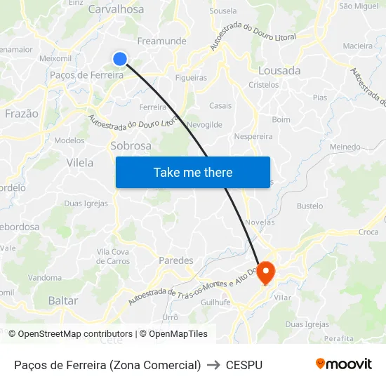 Paços de Ferreira (Zona Comercial) to CESPU map