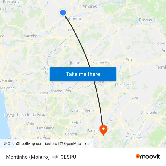 Montinho (Moleiro) to CESPU map