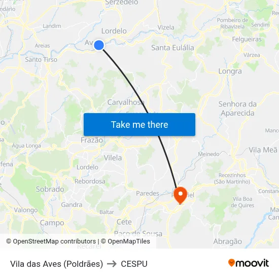 Vila das Aves (Poldrães) to CESPU map