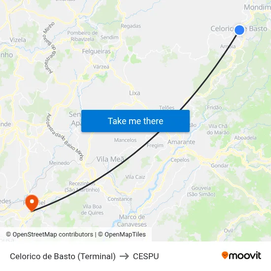 Celorico de Basto (Terminal) to CESPU map