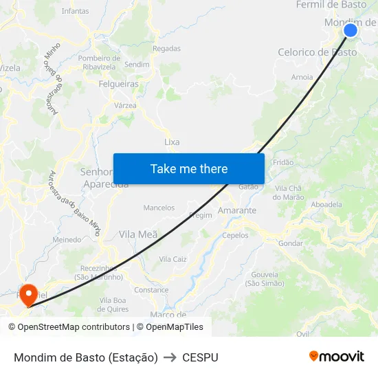 Mondim de Basto (Estação) to CESPU map
