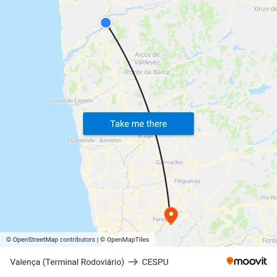 Valença (Terminal Rodoviário) to CESPU map