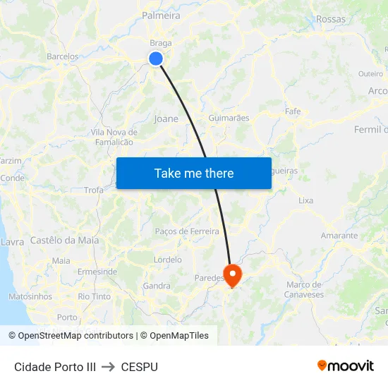 Cidade Porto III to CESPU map