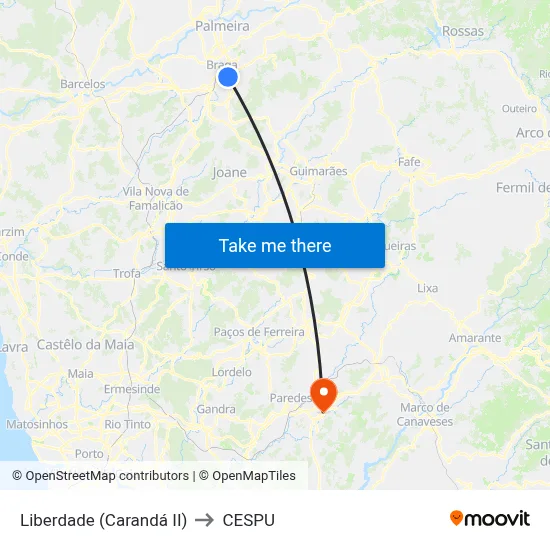 Liberdade (Carandá II) to CESPU map