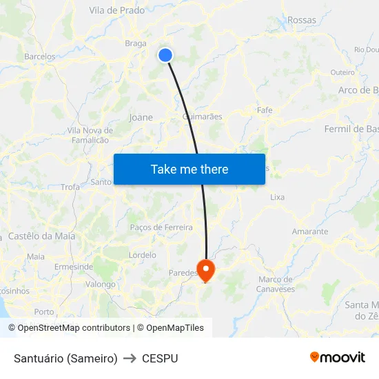 Santuário (Sameiro) to CESPU map