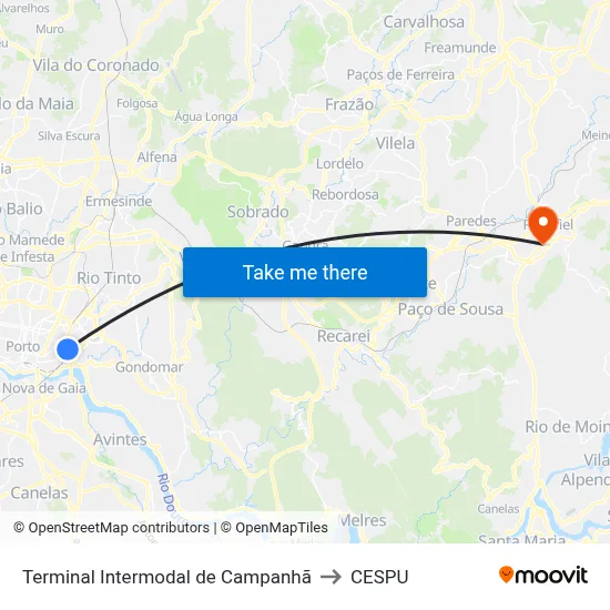 Terminal Intermodal de Campanhã to CESPU map