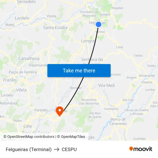 Felgueiras (Terminal) to CESPU map