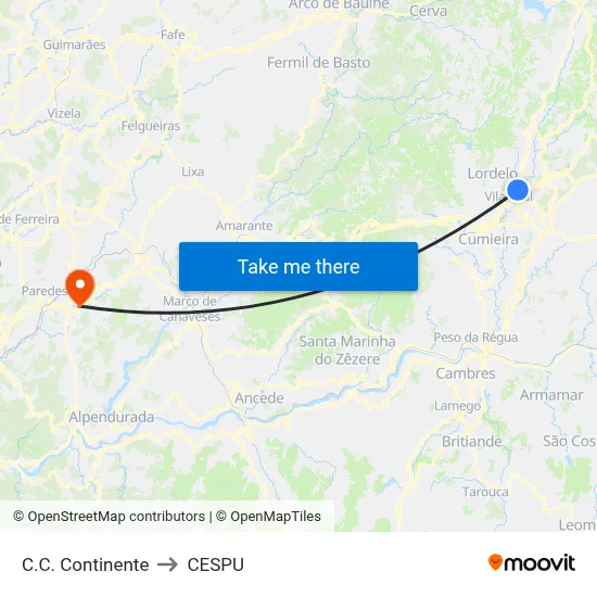C.C. Continente to CESPU map