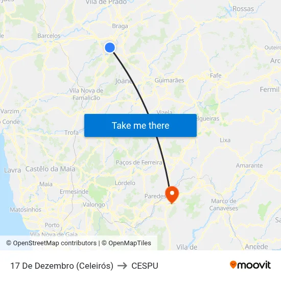 17 De Dezembro (Celeirós) to CESPU map