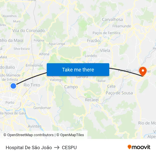 Hospital De São João to CESPU map