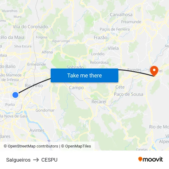 Salgueiros to CESPU map