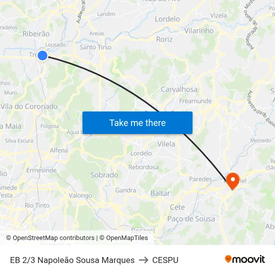 EB 2/3 Napoleão Sousa Marques to CESPU map