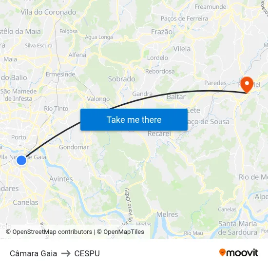 Câmara Gaia to CESPU map