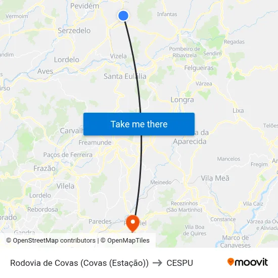 Rodovia de Covas (Covas (Estação)) to CESPU map