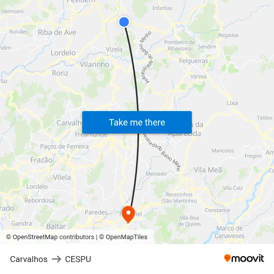 Carvalhos to CESPU map