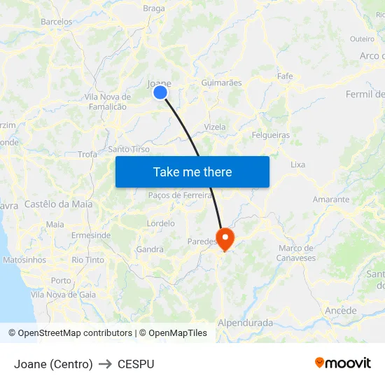 Joane (Centro) to CESPU map