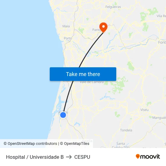 Hospital / Universidade B to CESPU map
