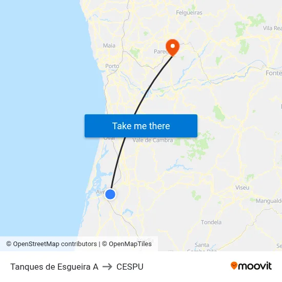 Tanques de Esgueira A to CESPU map