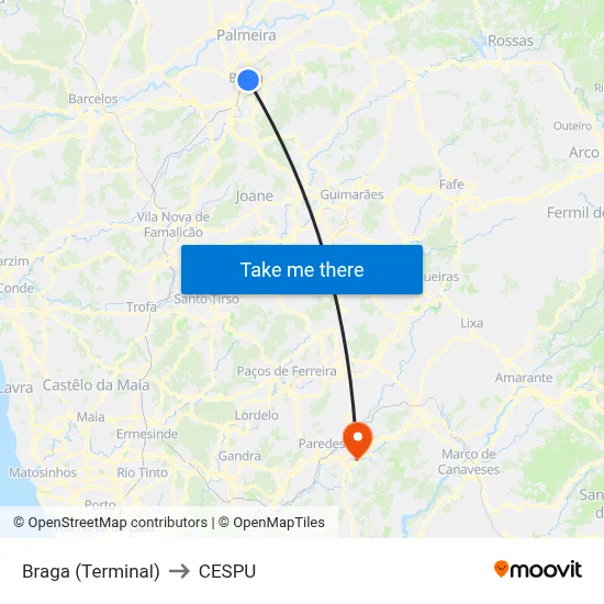 Braga (Terminal) to CESPU map