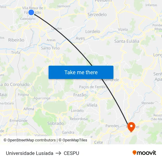 Universidade Lusíada to CESPU map