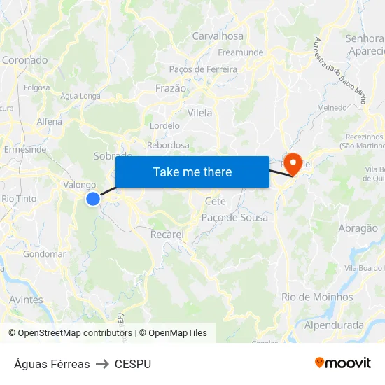 Águas Férreas to CESPU map