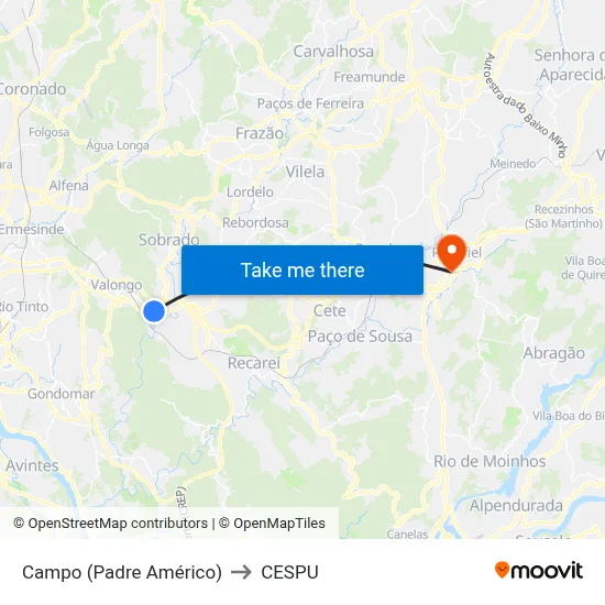 Campo (Padre Américo) to CESPU map