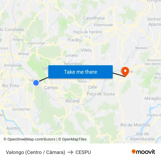 Valongo (Centro / Câmara) to CESPU map
