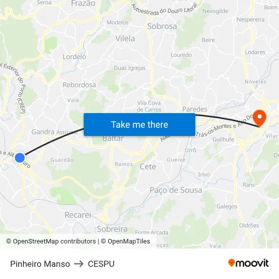 Pinheiro Manso to CESPU map