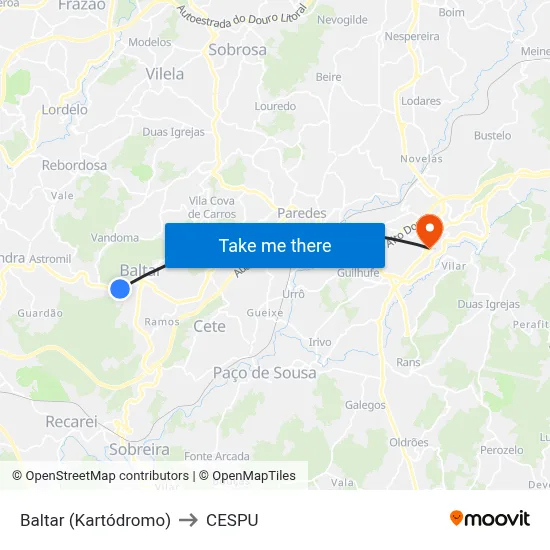 Baltar (Kartódromo) to CESPU map
