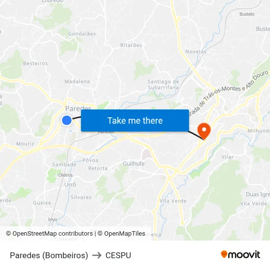 Paredes (Bombeiros) to CESPU map