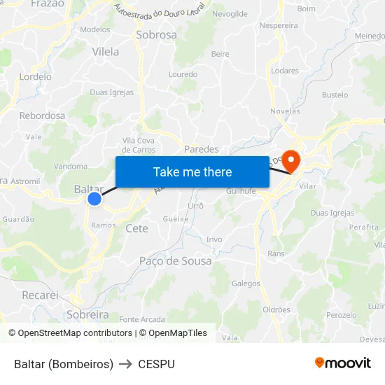 Baltar (Bombeiros) to CESPU map