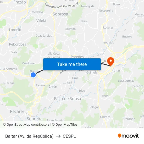 Baltar (Av. da República) to CESPU map