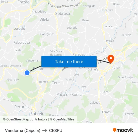 Vandoma (Capela) to CESPU map