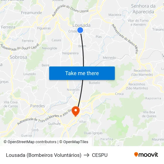 Lousada (Bombeiros Voluntários) to CESPU map