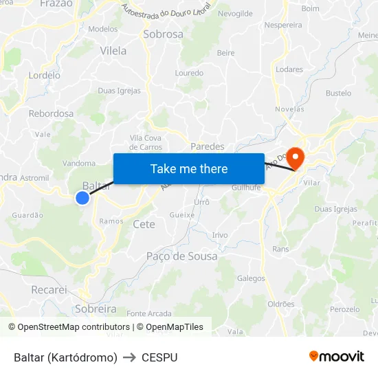 Baltar (Kartódromo) to CESPU map