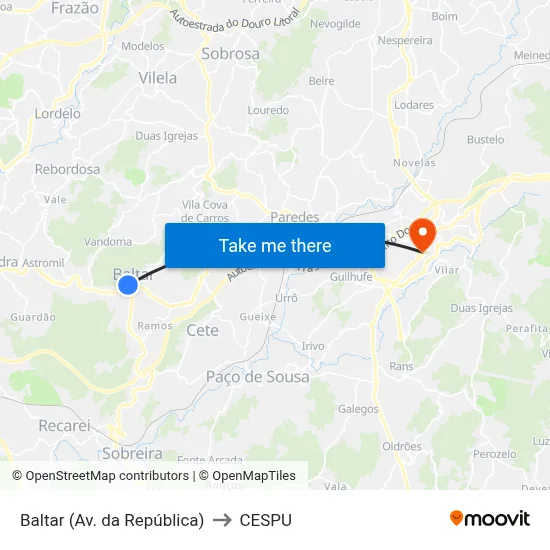 Baltar (Av. da República) to CESPU map