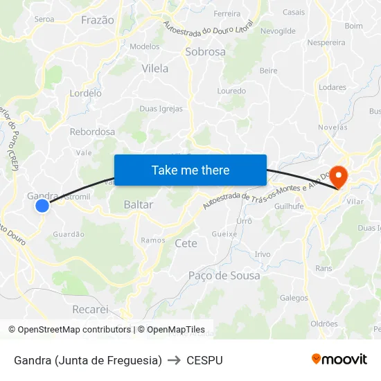 Gandra (Junta de Freguesia) to CESPU map