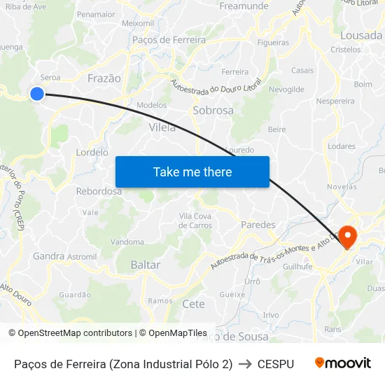 Paços de Ferreira (Zona Industrial Pólo 2) to CESPU map