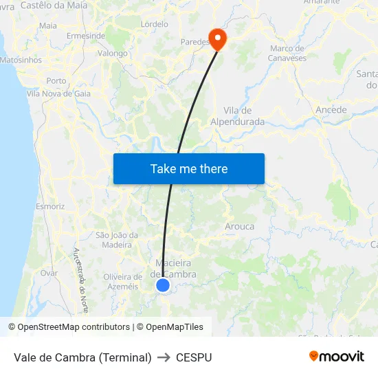 Vale de Cambra (Terminal) to CESPU map